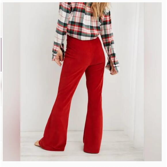 Aerie Groove-On Ribbed Velour Corduroy Flare Pant sundried red sz S - Picture 2 of 11